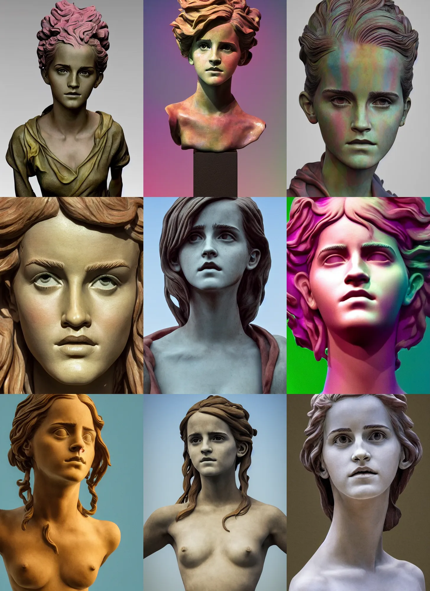 Prompt: sculpture statue of Emma Watson by Jean-Baptiste Carpeaux and Luo Li Rong and Michael James Talbot, all body, very emotional screaming expressions, perfect symmetrical face, colorful, psychedelic acid colors, retrowave synthwave, in full growth, elegant, realistic, 8K, female full-skin figure, hyperrealism, subsurface scattering, raytracing, rim light, Octane Render, Redshift, Zbrush