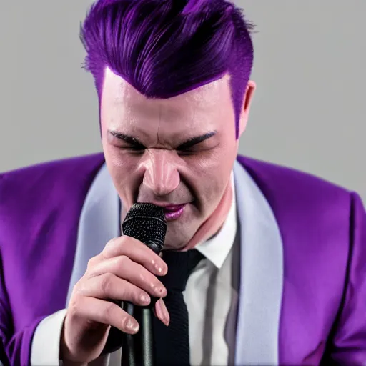 Prompt: a man in a purple suit with purple hair singing into a microphone, realistic, 8 k, extremely detailed, cgi, trending on artstation, hyper - realistic render, 4 k hd wallpaper, premium prints available, octane render, award winning, by greg rutkowski