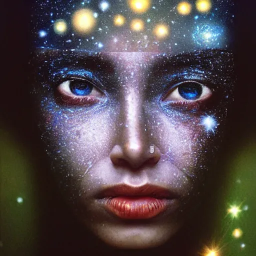 Image similar to photo portrait of woman face with galaxies reflected inside her eyes, by Steve McCurry