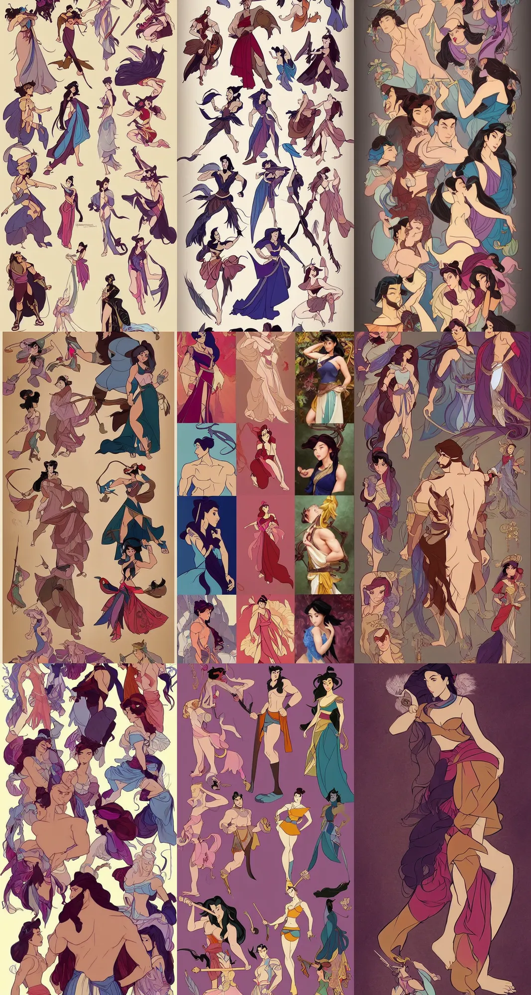 Prompt: Character concept fashion spot illustrations of Disney's Hercules and Mulan mashup, color theory, color triads, full-body, bloom, dynamic poses, diaphanous cloth, ornate crystalline and feather jewelry, ornate, filigree, arcane, cinematic lighting, by Artgerm, by Alphonse Mucha, by Bouguereau, by Sakimichan, fantasy, portfolio illustration, highly detailed, trending on Artstation, CGsociety, HQ, 8k, 35mm lens, f2.8, Bokeh,