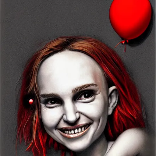 Image similar to surrealism grunge cartoon portrait sketch of natalie portman with a wide smile and a red balloon by - michael karcz, loony toons style, chucky style, horror theme, detailed, elegant, intricate