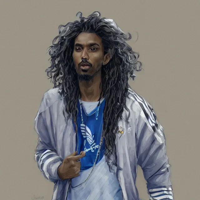 Image similar to a somali man with long curly hair, wearing adidas clothing, anime style, portrait, elegant, intricate, digital painting, artstation, concept art, smooth, sharp focus, illustration, art by konstantin korovin and daniel f. gerhartz and john howe