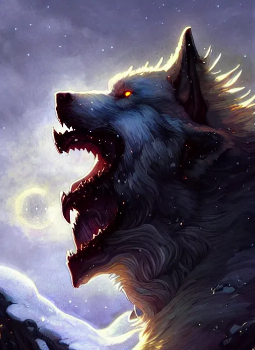 Prompt: Fenrir howling ,moon background, Nordic landscape, fantasy magic, dark light night, sharp focus, digital painting, concept art, d&d, art by WLOP and Artgerm and Greg Rutkowski and Alphonse Mucha