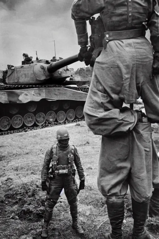 Prompt: A man in power armor stands behind a World War II soldier in a general photo near a tank, old photo, realism, attention to detail