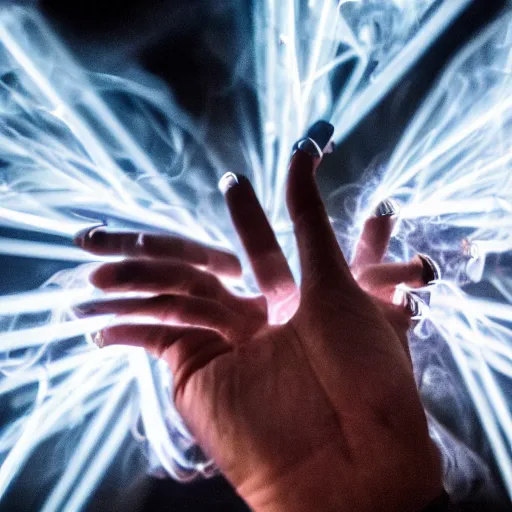 Image similar to smoke hands, lasers, darkness, macro, wide angle, elaborate, smoke, highly detailed, beautiful lighting