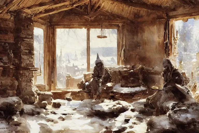 Image similar to abstract watercolor painting of hedonic scandinavian king house interior, in stone, straw roof, war lord, magical and traditional, winter, cinematic light, national romanticism by anders zorn, by greg rutkowski, by greg manchess
