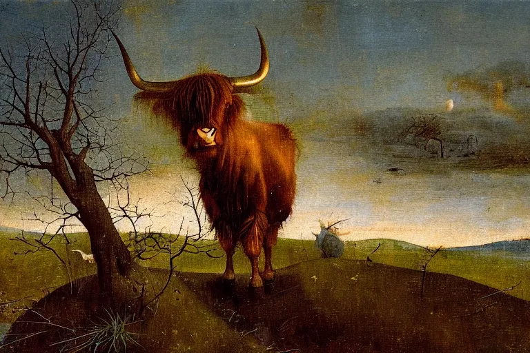 Prompt: oil painting by hieronymous bosch of a highland cow in a meadow at dawn.