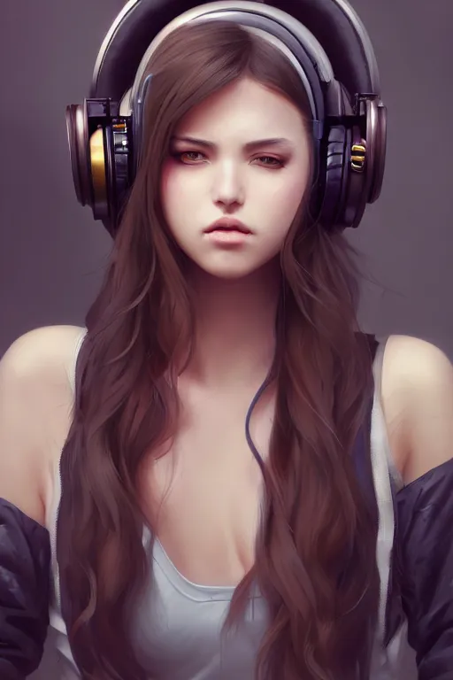 Image similar to beautiful full portrait of a girl, brunette curvy long hair, full - body shot, wearing cyberpunk headphones, streetwear, like a fashion model + high detailed, resolution beautifully detailed landscape trending on artstation 8 k, cinematic, epic detailed trending on artstation 8 k, by bukurote + krenz cushart + ryota - h + wlop