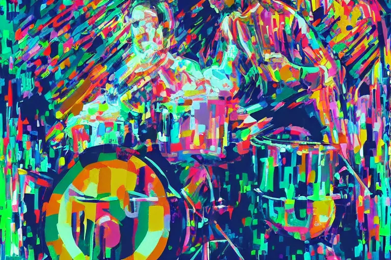 Prompt: Painting of data moshing of a portrait of a drummer, trending on behance