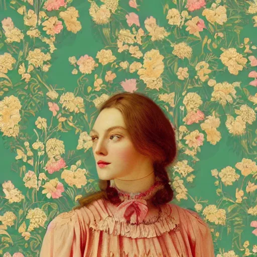 Image similar to a lot of flowers patterns morphing in a beautiful girls face, baroque wallpaper, film still by wes anderson, depicted by balthus, limited color palette, very intricate, art nouveau, highly detailed, lights by hopper, soft pastel colors, minimalist