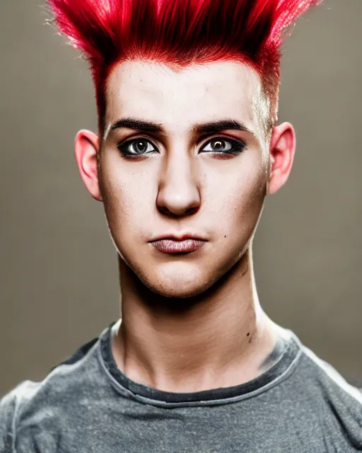 Image similar to young man with a short red dyed mohawk, red eyes and a slim face, dressed in punk clothing, headshot photo, attractive, handsome, in color, no makeup, model