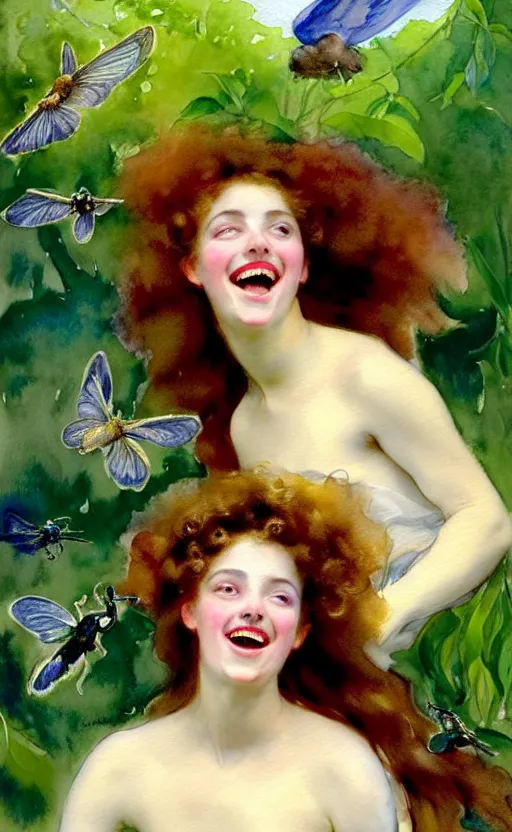 Image similar to the face of a young woman with marble complexion, angelic features, dancing curls around her face, her head raised in rapture, laughing, symmetrical eyes, watercolor by john singer sargent, background lush vegetation, insects and birds, 8 k uhd