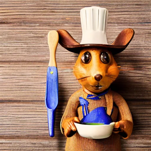 Prompt: blue rat with chef's hat holding a wooden spoon