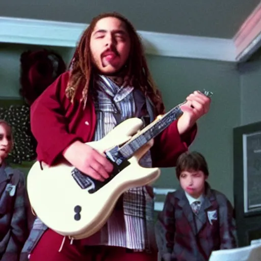 Image similar to a film still of Post Malone starring as Dewey Finn in School Of Rock (2003)