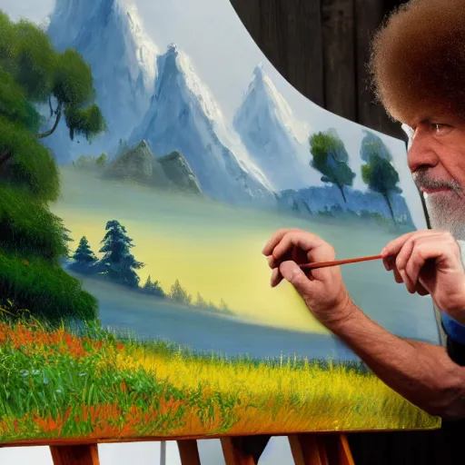 Image similar to a closeup photorealistic photograph of bob ross working on a canvas painting of mickey mouse. film still. brightly lit scene. mountains and trees. this 4 k hd image is trending on artstation, featured on behance, well - rendered, extra crisp, features intricate detail, epic composition and the style of unreal engine.