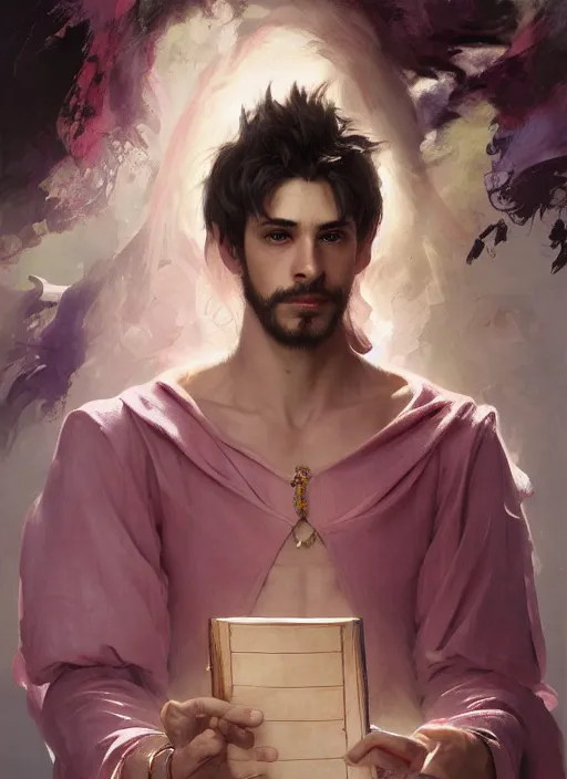 Image similar to character concept portrait of an attractive young smirking Spanish wizard with pink skin conjuring a love spell, a floating iridescent spell book in the center, intricate, elegant, digital painting, concept art, smooth, sharp focus, illustration, from Metal Gear, by Ruan Jia and Mandy Jurgens and William-Adolphe Bouguereau, Artgerm