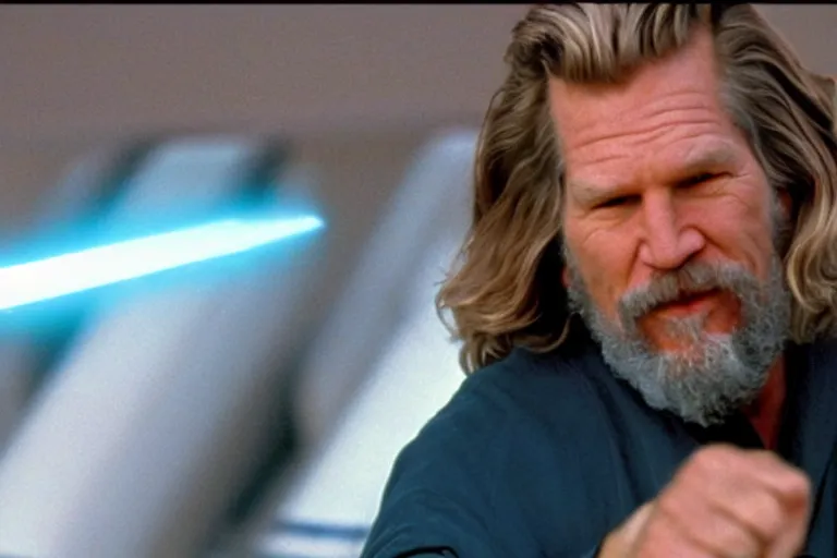 Prompt: A wide shot of Jeff Bridges from The Big Lebowski as a Jedi bowling in Star Wars