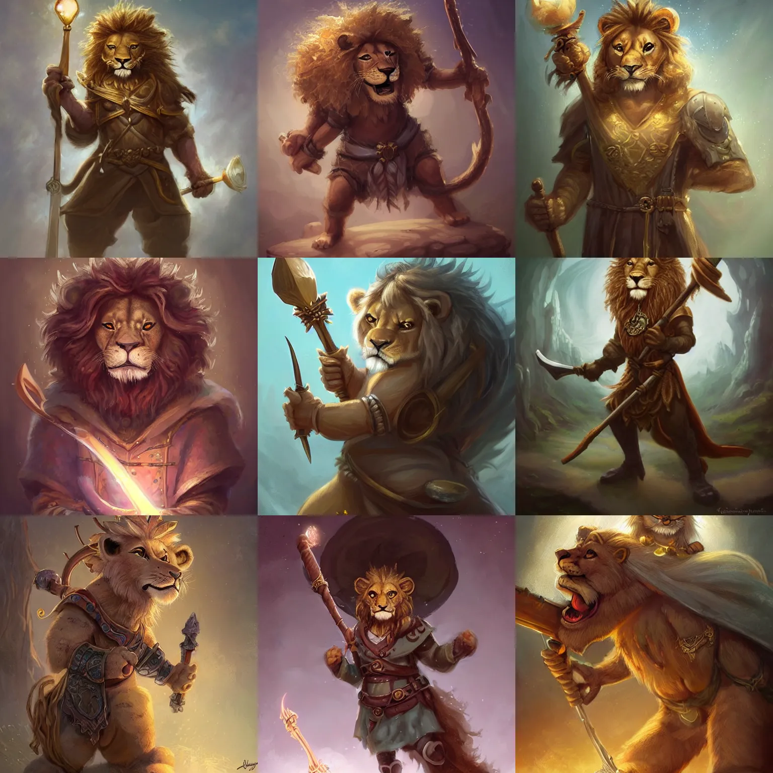 Prompt: cute little anthropomorphic lion, wielding a magic staff, tiny, small, short, wizard robe, cute and adorable, pretty, beautiful, dnd character art portrait, matte fantasy painting, deviantart artstation, by jason felix by steve argyle by tyler jacobson by peter mohrbacher, cinema