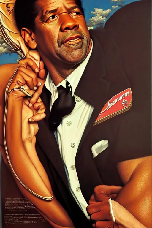 Prompt: denzel washington by gil elvgren and norman rockwell and rob gonsalves and hajime sorayama, hyperrealistic, high detail, ultra detailed, highly detailed face, ruffled fabric