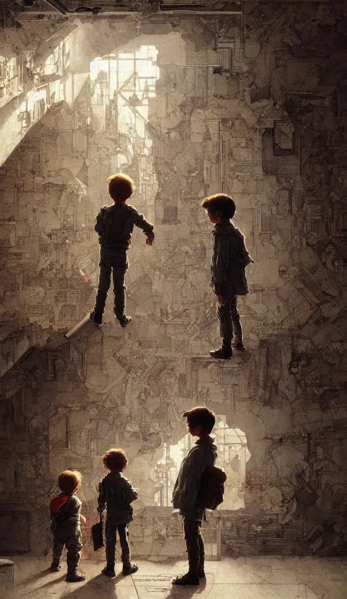 Prompt: two kids looking at a wall full of futuristic diagrams and pictures, part by Norman Rockwell, part by Greg Rutkowski , part by Mattias Adolfsson, high angle, intricate, detailed, (((volumetric lighting))), oil on canvas