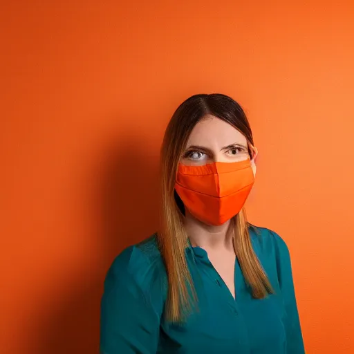 Image similar to portrait of a woman wearing a orange mask, orange background, studio lighting