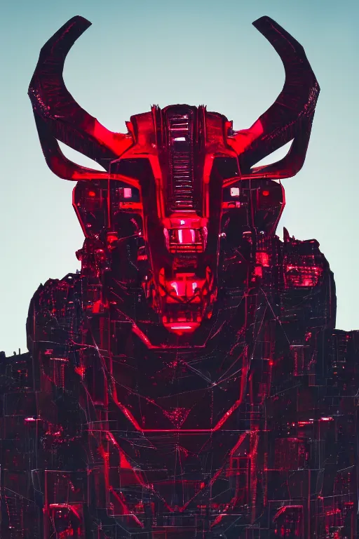 Image similar to giant imposing complex machine merged with evil cybernetic goat head at helm, cyberpunk, red hues