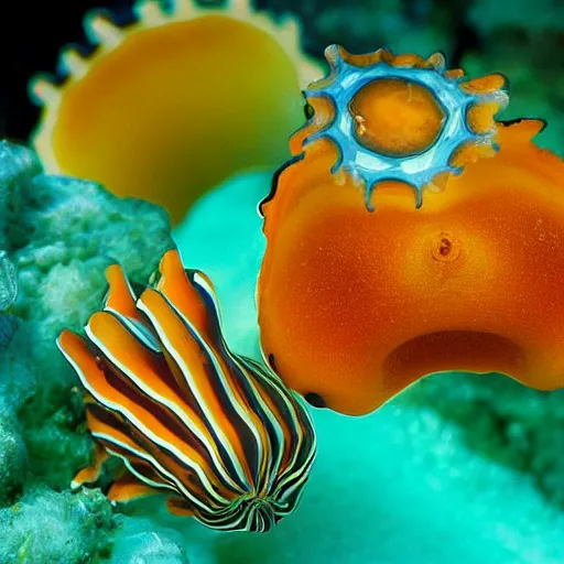 Prompt: colorful nudibranchs, intricate, elegant, highly detailed, sharp focus, hyperrealistic,national geographic bbc nature photography