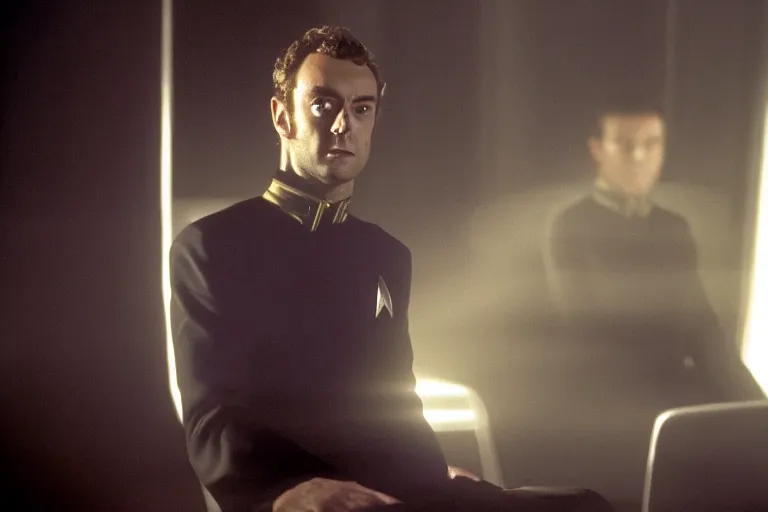 Prompt: A film still of Jude Law in a Star Trek: The Next Generation, sitting in Ten Forward, dramatic lighting