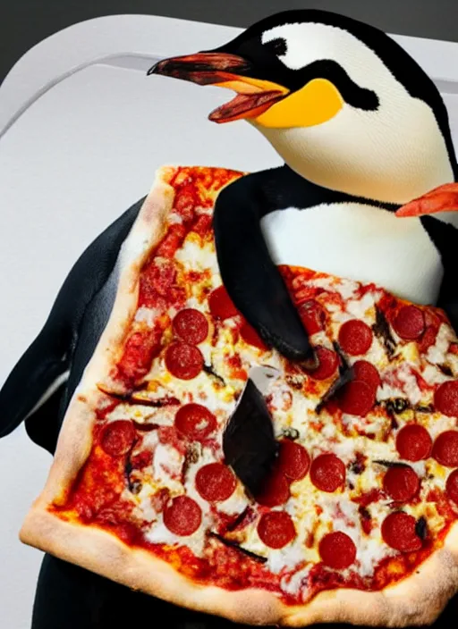 Image similar to photo of a penguin eating a pizza slice