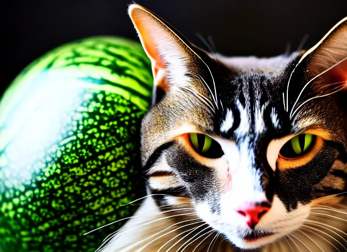 Image similar to photo of a cat wearing a helmet made of a watermelon. highly detailed 8 k. intricate. lifelike. soft light. nikon d 8 5 0 5 5 mm. dof. cinematic postprocessing.