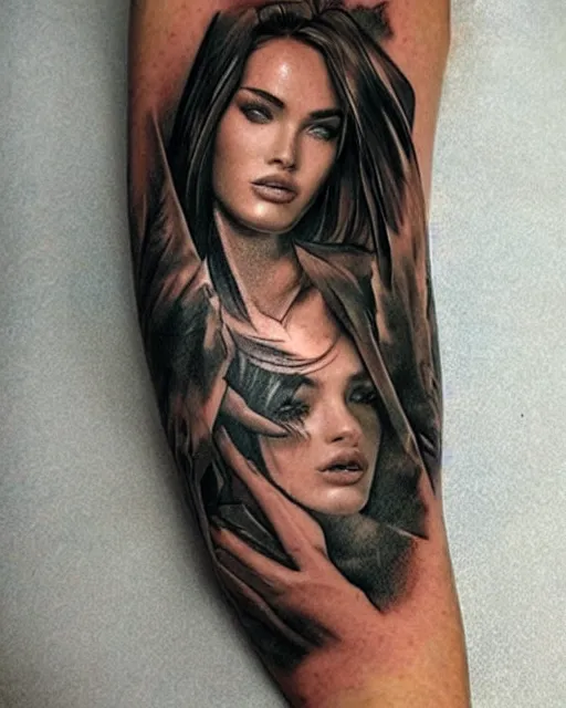 Image similar to creative double exposure effect tattoo design sketch of megan fox with beautiful mountains, realism tattoo, in the style of andrey lukovnikov, amazing detail, sharp