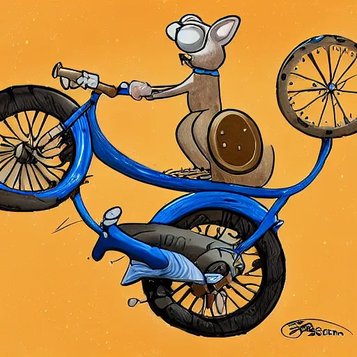 Image similar to bike made of swiss cheese wheels, a cartoonish rat riding the bike on the surface of the moon and, digital painting, greg rutowski, artstation