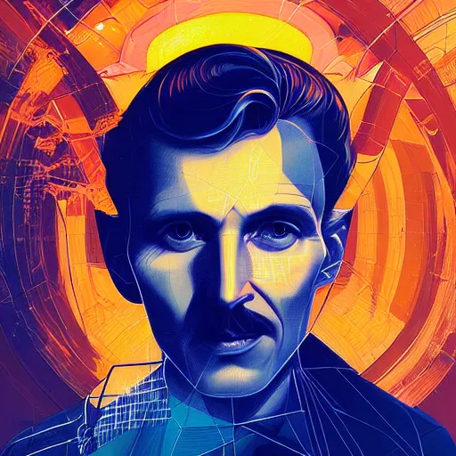Image similar to majestic futuristic visionary inventor nikola tesla profile picture by sachin teng and android jones, masterpiece, organic painting, matte painting, technical geometrical drawing shapes, electrical color, hard edges, graffiti, street art by sachin teng