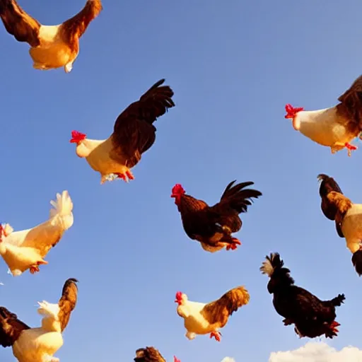 Prompt: chickens fly in the sky