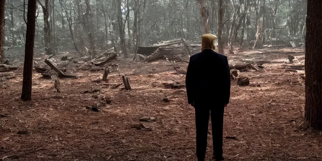 Prompt: movie still of donald trump in mandy ( 2 0 1 8 ) directed by panos cosmatos, film grain, night time, red glow, interior log cabin, cult meeting