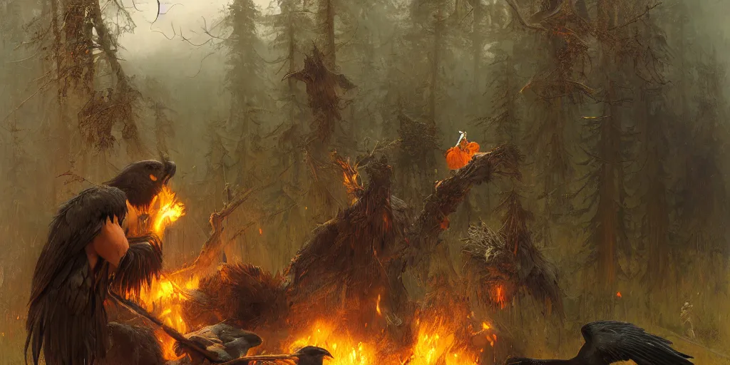 Prompt: angry barbarian norse god pushes an attacking raven from his face, dense forest, dusk, sunset, campfire, horizontal symmetry inception good composition artstation illustration sharp focus, vista painted by ruan jia raymond swanland lawrence alma tadema zdzislaw beksinski norman rockwell tom lovell alex malveda greg staples