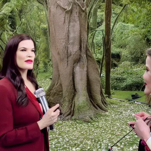 Image similar to stunning live footage of news anchorwoman liv tyler reporting from lothlorien interviewing arwen, lord of the rings movie, by daniella zalcman, directed by peter jackson, highly detailed, canon eos r 3, f / 1. 4, iso 2 0 0, 1 / 1 6 0 s, 8 k, raw, symmetrical balance