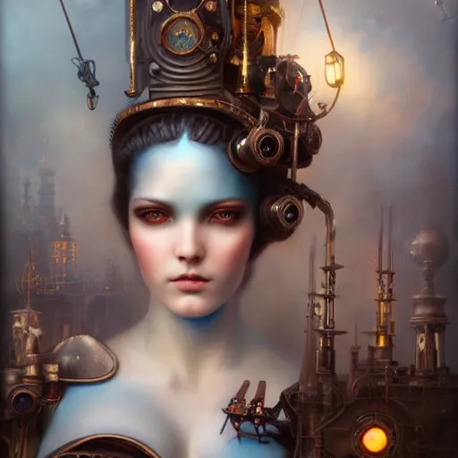 Prompt: by tom bagshaw, ultra realist vivid soft painting of a carnival of curiosities, single curvy flirt etheral young steampunk female in a full ornated armor gears breathtaking almond blue eyes, cables, led, flying machinery, partial symmetry accurate features, very intricate details, focus, award winning, ultra dense fog