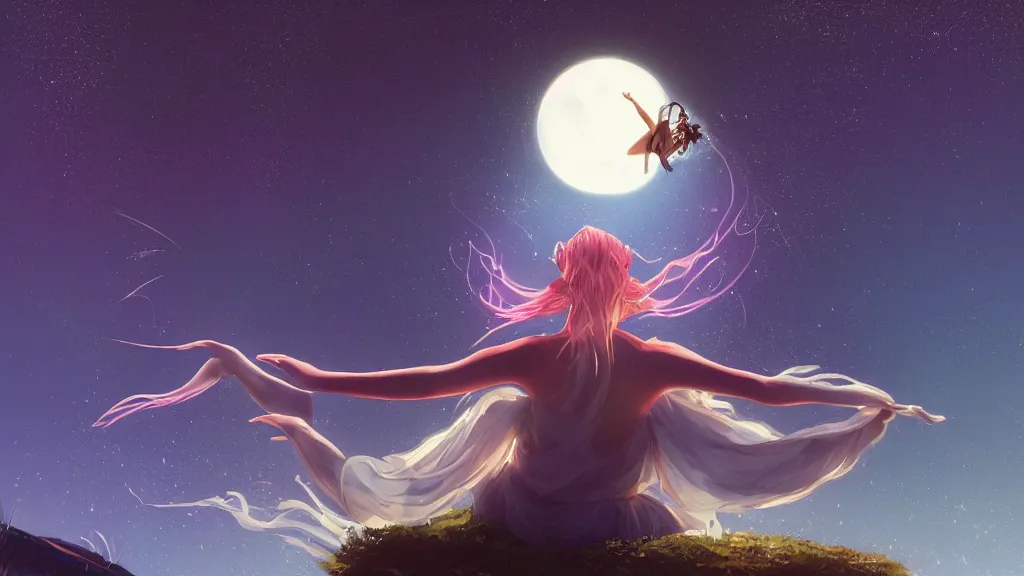 Image similar to a beautiful whimsical goddess floating above a lake basking in the moonlight, casting a spell, underneath a multi-colored binary blackhole with an accretion disc, glowing trails following her arms, acidwave, by Lois van Baarle, by Greg Rutkowski, by artgerm, by beeple, by studio ghibli, cinematic angle, volumetric lighting, 4k resolution, octane render, trending on artstation, masterpiece