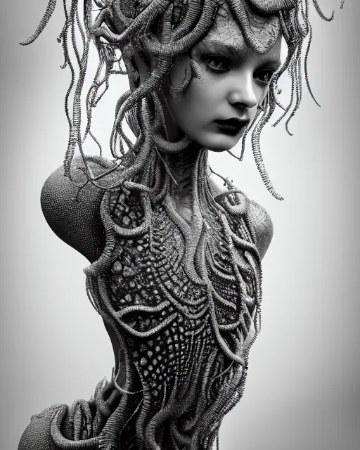 Prompt: surreal mythical dreamy artistic black and white fine art photo of a beautiful young female medusa - cyborg covered with fish scales and algae, highly detailed, intricate crystal ivy jelly fish scales ornate, poetic, octane render, 8 k, photo - realistic