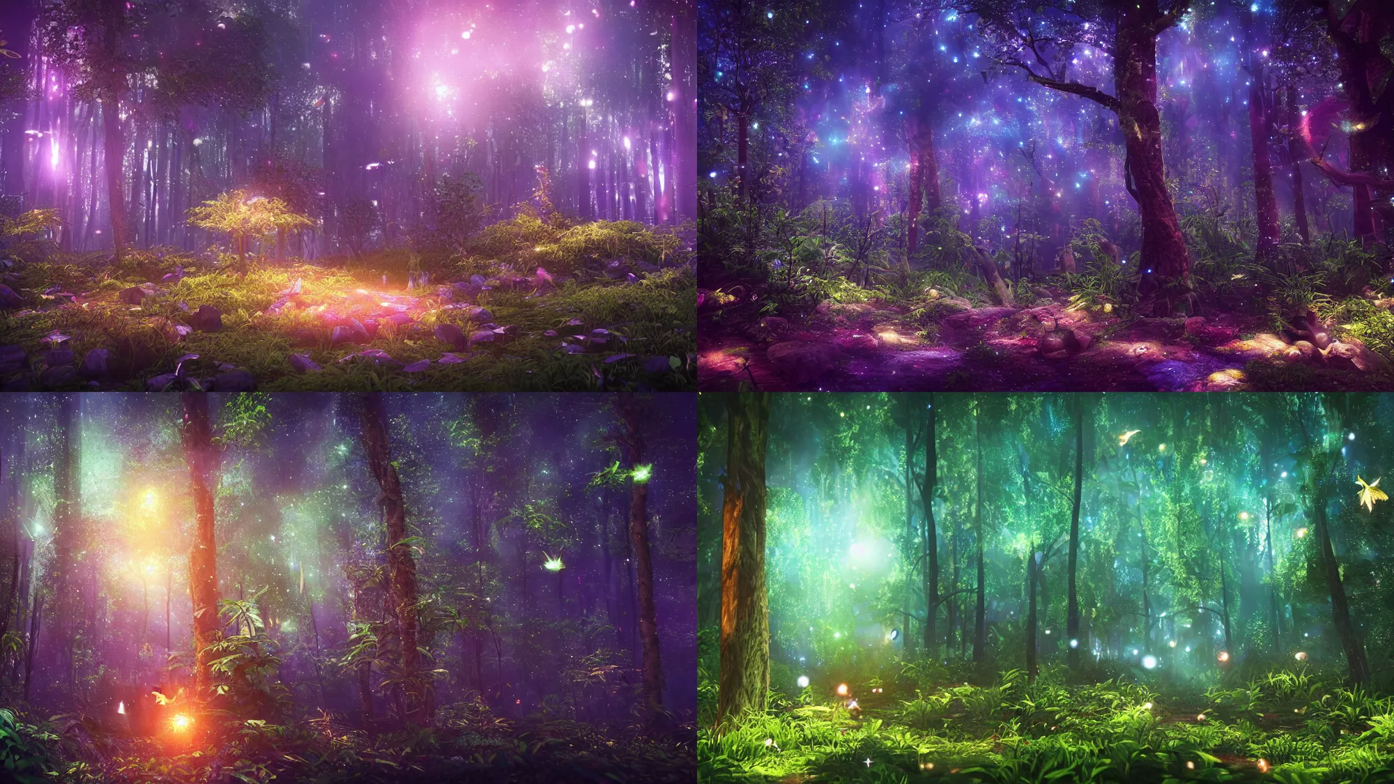 Prompt: beautiful lush magic mana forest, night sky with dazzling stars, fairies, fireflies, bokeh, octane render, unreal engine, raytracing, crystallized, intricate, hyper detailed, light rays