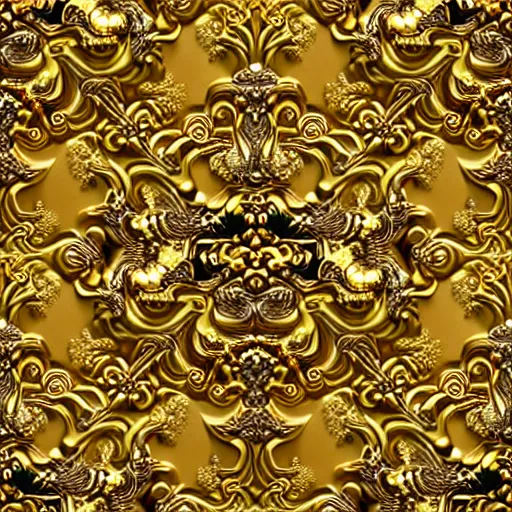 Image similar to seamless 3D baroque gold pattern, Beautiful dynamic shadows , gold and pearls, symmetrical, rococo elements, damask, Artstation, versace pattern, concept design art, Octane render,8K