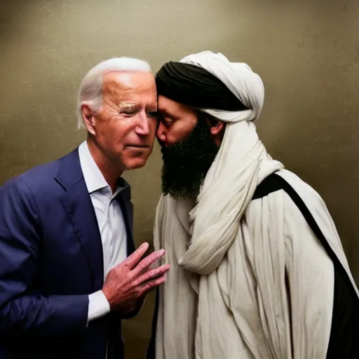 Image similar to 4 k portrait sony a 7 f 2. 8 of mark zuckerberg as a taliban leader kissing president joe biden as a taliban leader