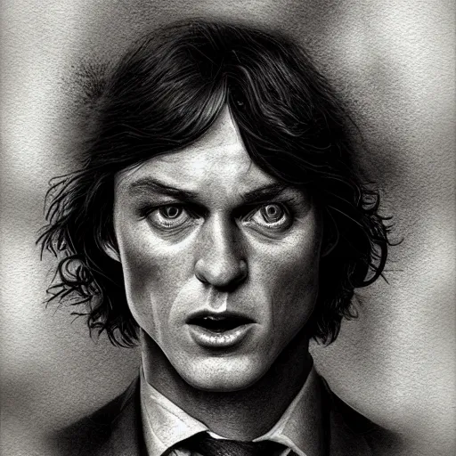 Image similar to angus young character portrait, lean face, cinematic lighting, glowing grey eyes, hyper-detailed, 4k, high resolution, in the style of Charlie Bowater, Tom Bagshaw, single face, symmetrical, headshot photograph, insanely detailed and intricate, beautiful, elegant, watercolor, cinematic, portrait, Raphaelite, headroom, Pierre-Auguste Renoir