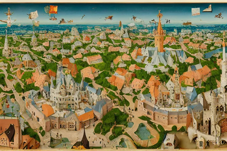 Image similar to an elaborate and dense low angle painting of a peaceful neighborhood, detailed, made of alcohol ink on parchment and penned illustrations, by wes anderson and hieronymus bosch and geoff darrow
