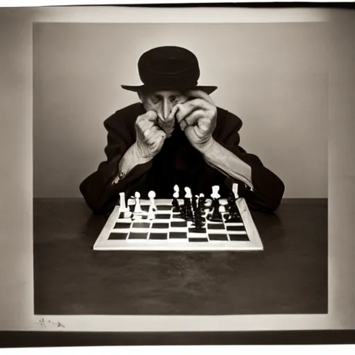 Image similar to a filmstill of Marcel Duchamp playing chess, reuters by Irving Penn