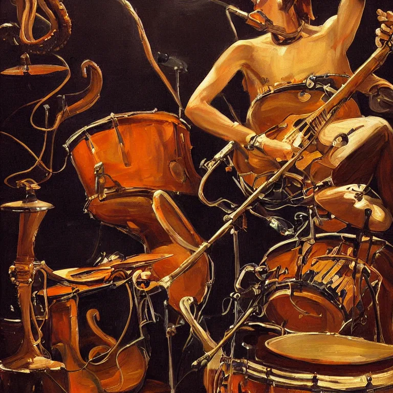 Image similar to a beautiful painting by joseph christian leyendecker of an octopus playing drums and telecaster guitar in a rock concert, dark background, concert light, dark mood, cold lighting