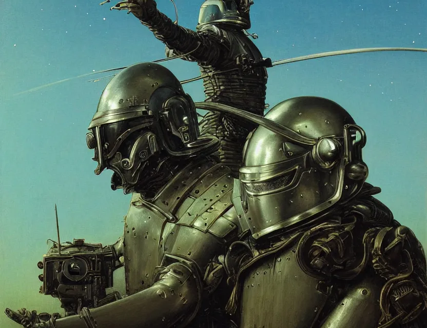 Image similar to a detailed portrait painting of a bounty hunter in combat armour and visor. cinematic sci-fi poster. Flight suit and wires, accurate anatomy. Samurai influence, fencing armour. portrait symmetrical and science fiction theme with lightning, aurora lighting. clouds and stars. Futurism by beksinski carl spitzweg moebius and tuomas korpi. baroque elements. baroque element. intricate artwork by caravaggio. Oil painting. Trending on artstation. 8k