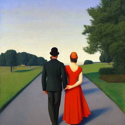 Image similar to an evening stroll with a man and his lady by Raphael, Hopper, and Rene Magritte. detailed, romantic, enchanting, trending on artstation.