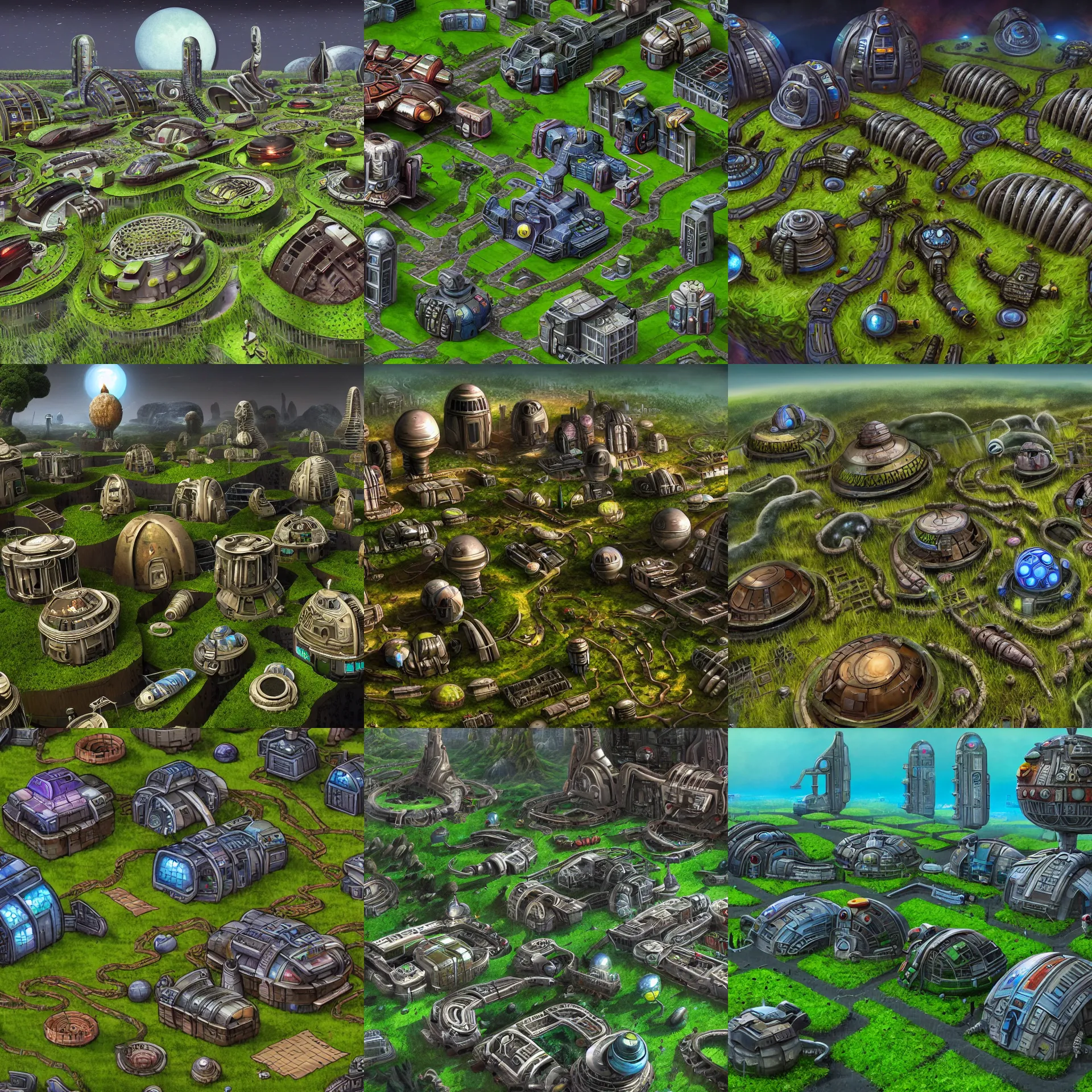 Prompt: offset overhead view of a small colony, with buildings made from modular capsules, on an alien grassland, on an alien planet, from a space themed point and click 2 d graphic adventure game, set design inspired by hg giger and ridley scott and tomb raider, art inspired by thomas kinkade